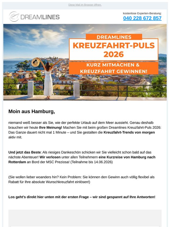 Ihre Meinung. Ihre Chance auf eine Kreuzfahrt.