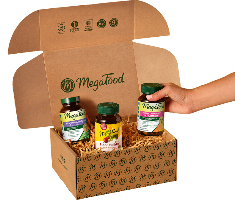 MegaFood Shipping Box with both old and new packaging
