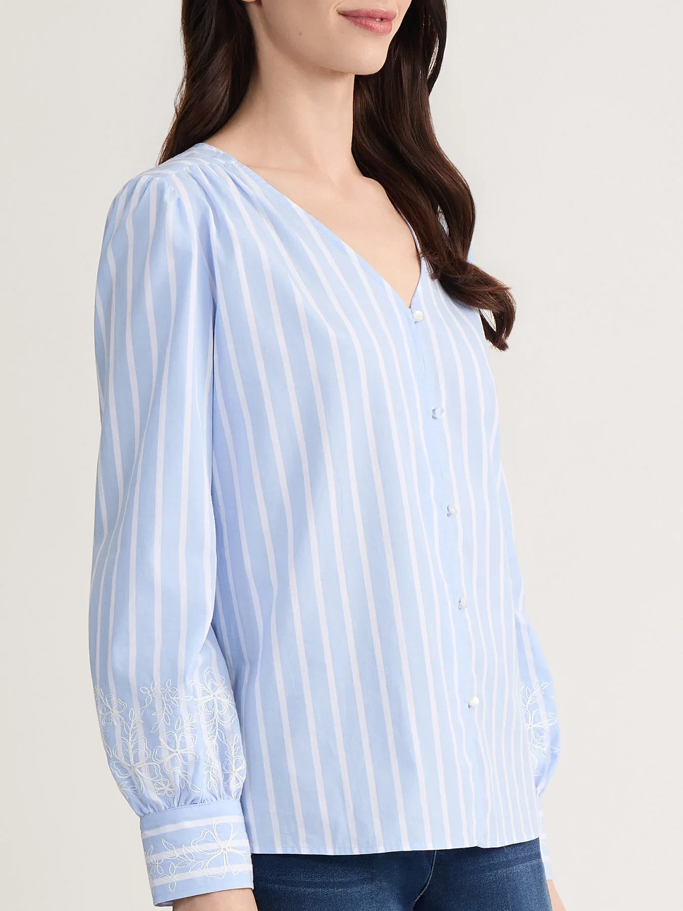 Pinstripe Embroidered Blouse, Cotton Poplin