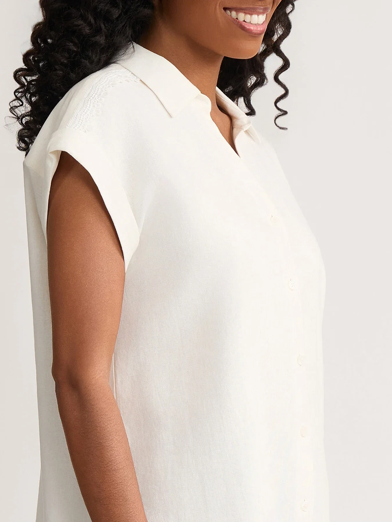 Rolled Sleeve Button Front Blouse, Linen