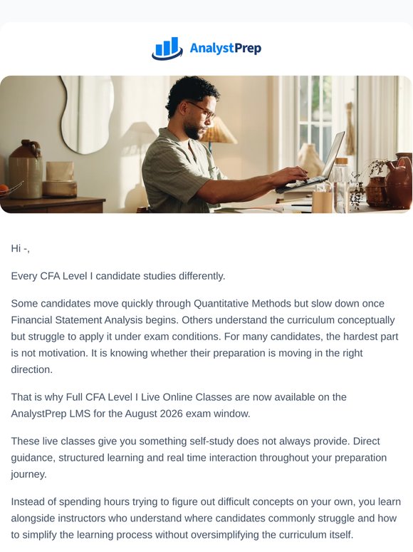 Full CFA Level I Live Classes Now Available for August 2026 Candidates