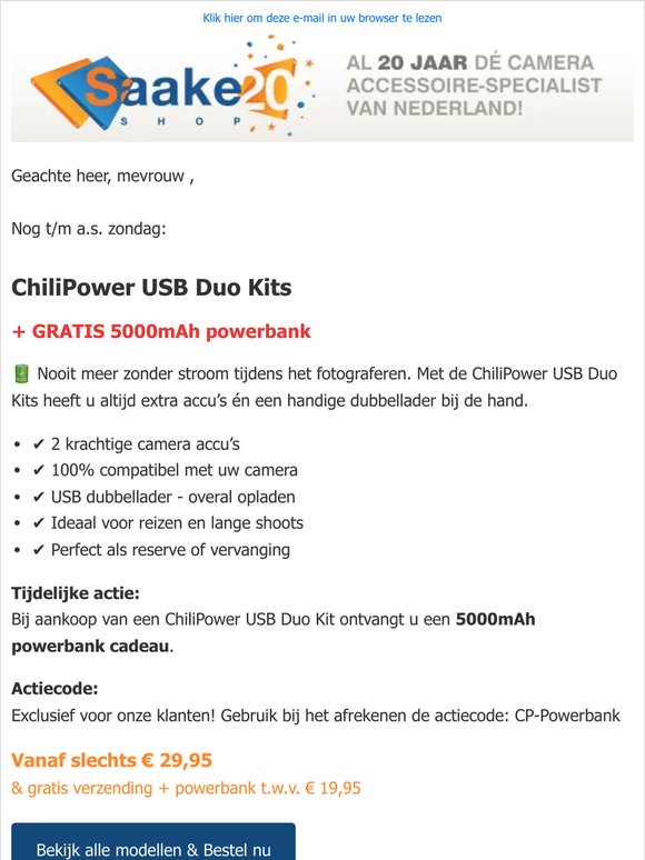 Niet vergeten: powerbank cadeau bij elke ChiliPower USB Duo Kit | 2 krachtige camera accu's en handige dubbellader