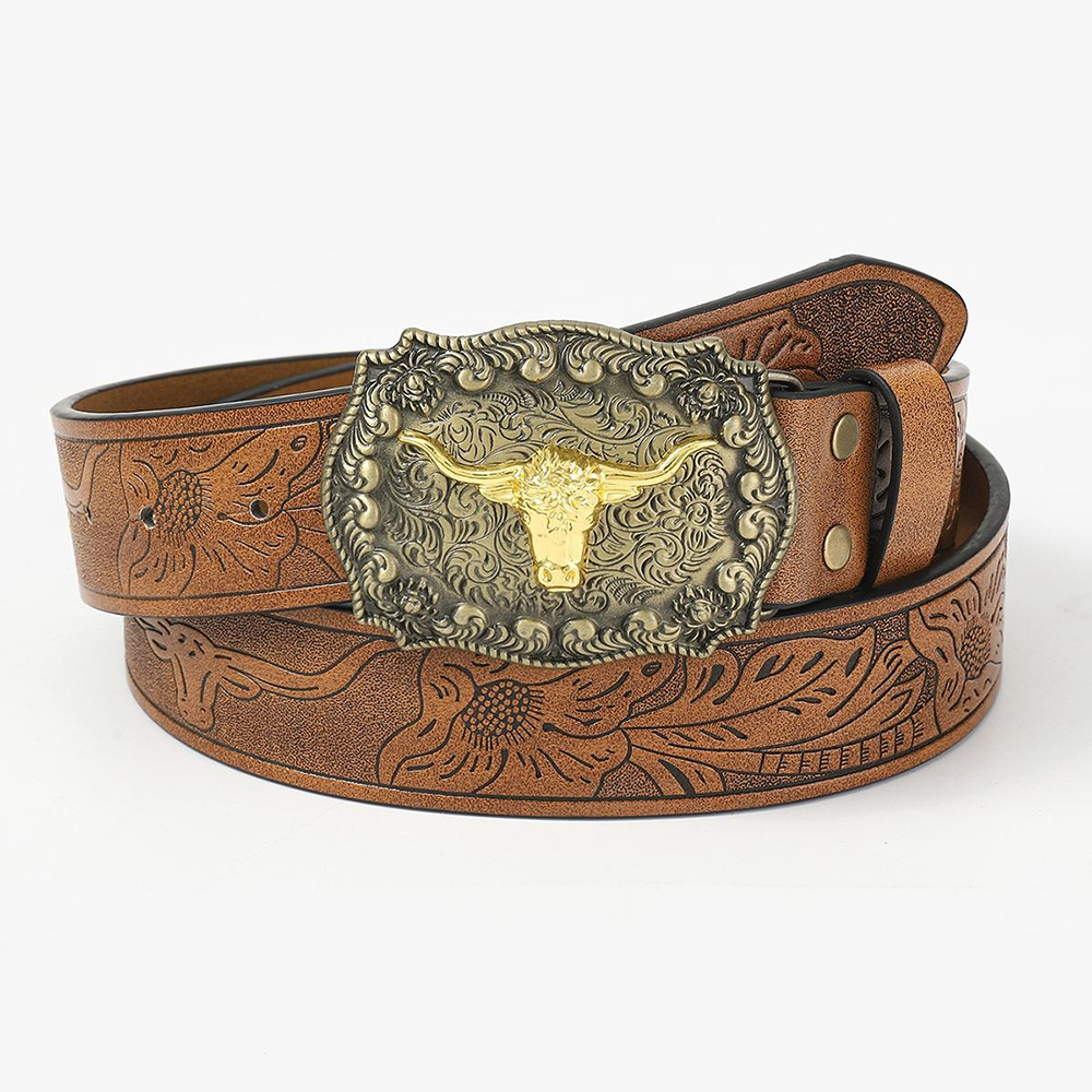 Western Floral Pattern PU Leather Longhorn Bull Buckle Belt