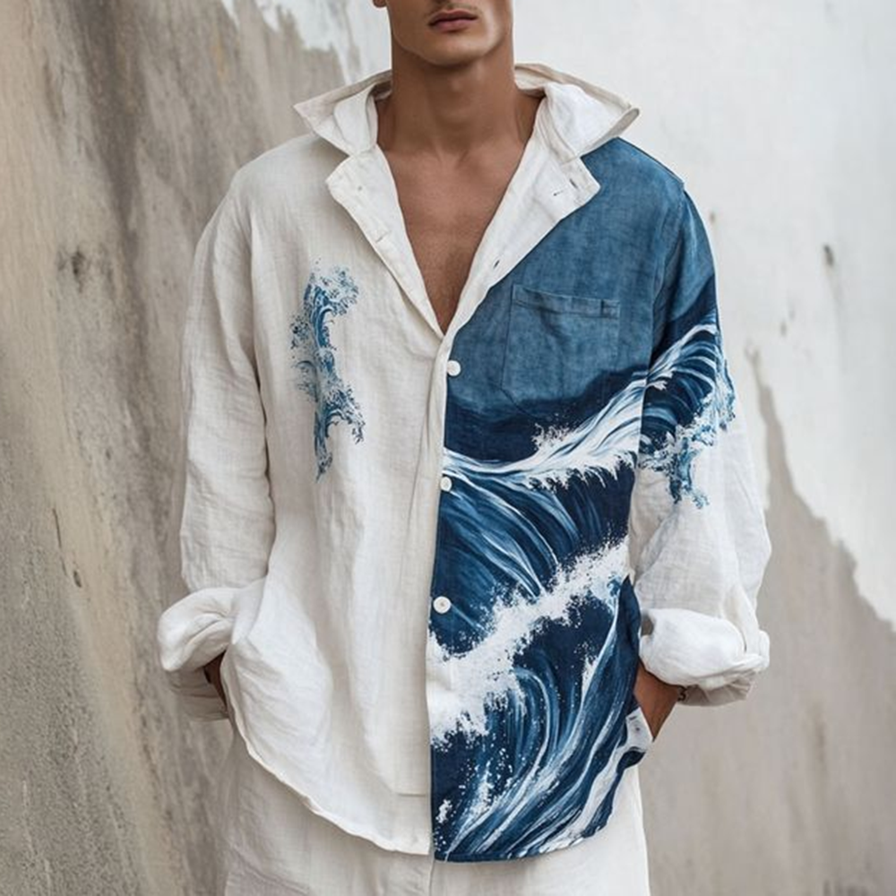 Okaywear Wave Printed Patch Pocket Loose Fit White Long Sleeve Shirt