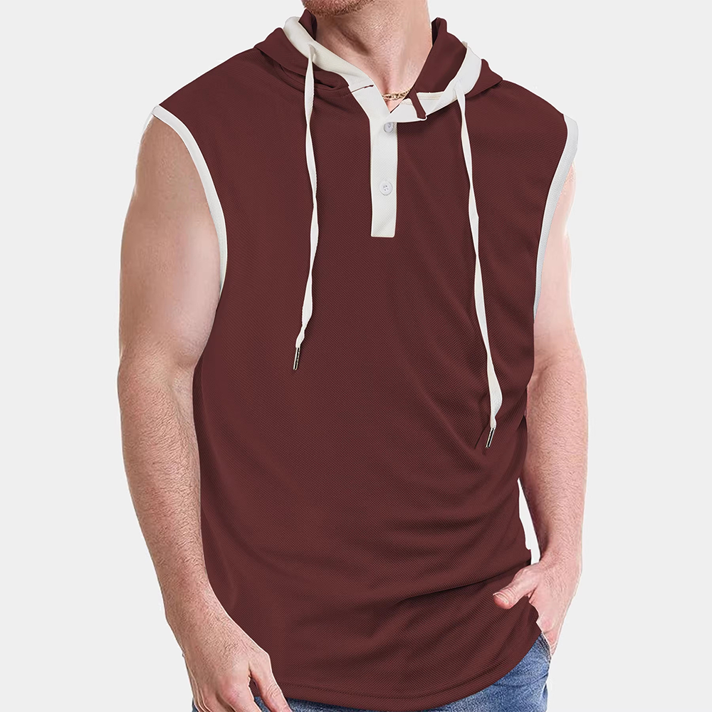 Contrast Trim Hooded Button Slim Fit Burgundy Tank Top