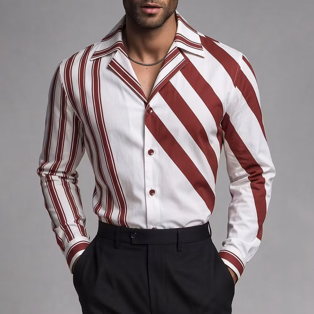 Okaywear Striped Printed Camp Collar Button-Up White Long Sleeve Shirt