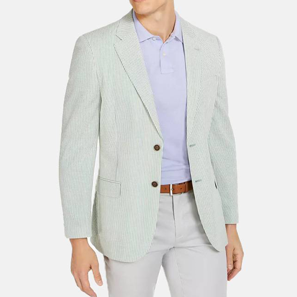 Pinstripe Print Notch Lapel Two Button Slim Fit Light Green Blazer