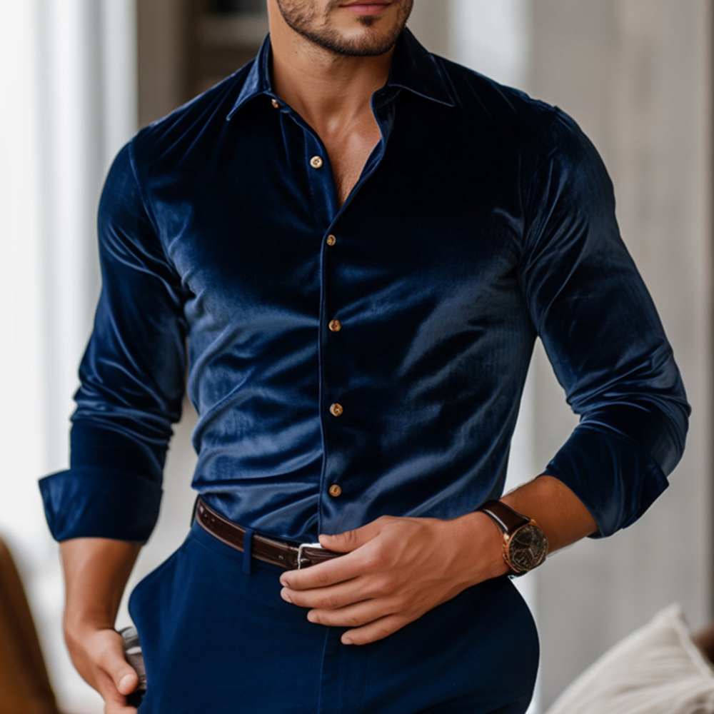 Velvet Turndown Collar Single Breasted Slim Fit Blue Long Sleeve Shirt