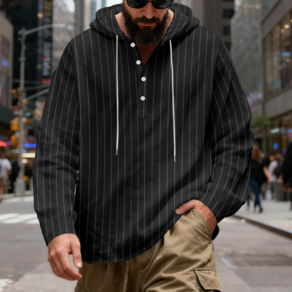 Pinstripe Print Hooded Button Loose Fit Black Long Sleeve Shirt