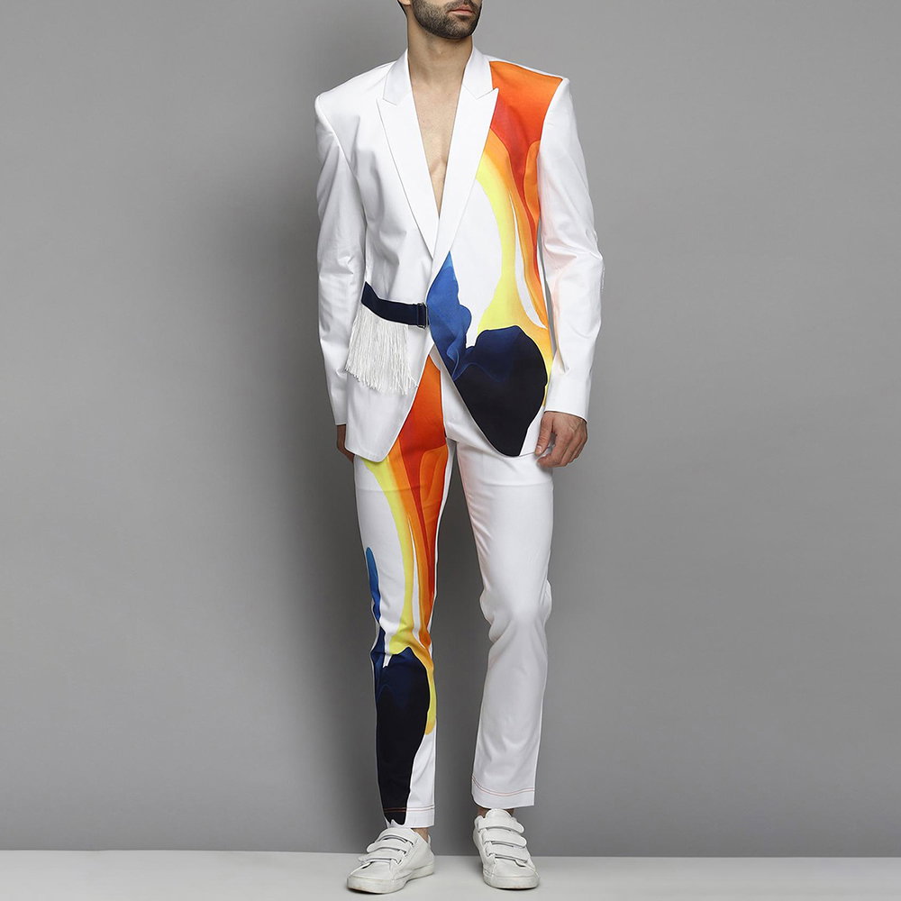 Okaywear Graphic Print Fringe Patchwork Blazer With Pants White Suit