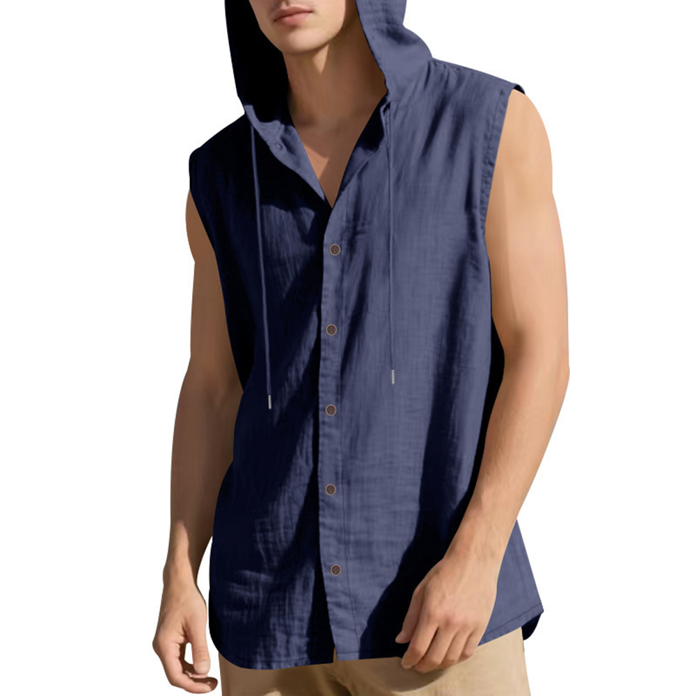 Linen Single Breasted Hooded Solid Color Sleeveless Shirt