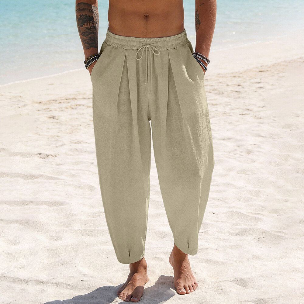 Side Pocket Elastic Waistband Loose Fit Khaki Pants