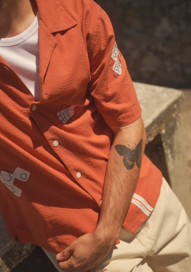 Didcot - Terracotta And Ecru Scribble Applique Short-Sleeve Shirt
