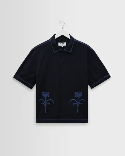 Keats - Navy And Blue Embroidered Short-Sleeve Shirt