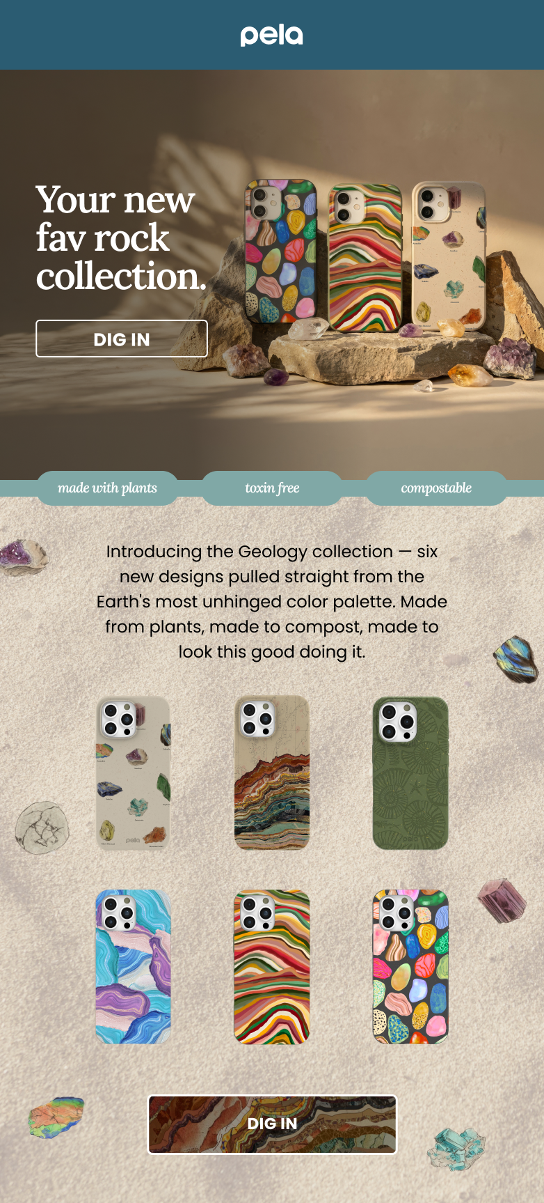 pela. Your New Fav Rock Collection. Made with Plants. Toxin Free. Compostable.