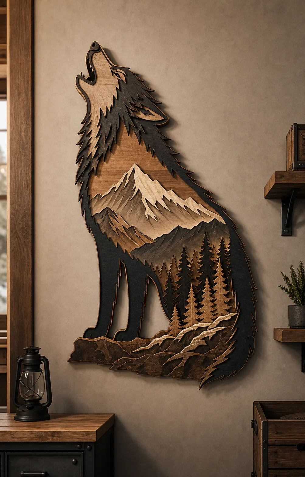 Layered wolf mountain wall art