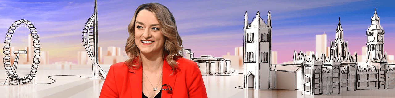 Laura Kuenssberg against an illustrated skyline, including the Houses of Parliament.