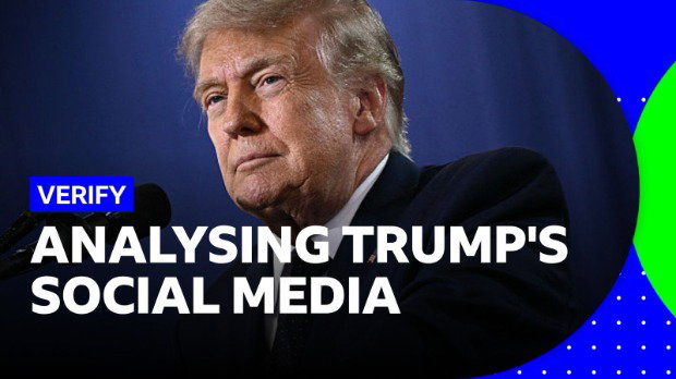 Donald Trump is pictured against a blue background, with a blue and green graphic overlaid and a blue ‘Verify’ badge with white text that reads ‘Analysing Trump’s social media’.