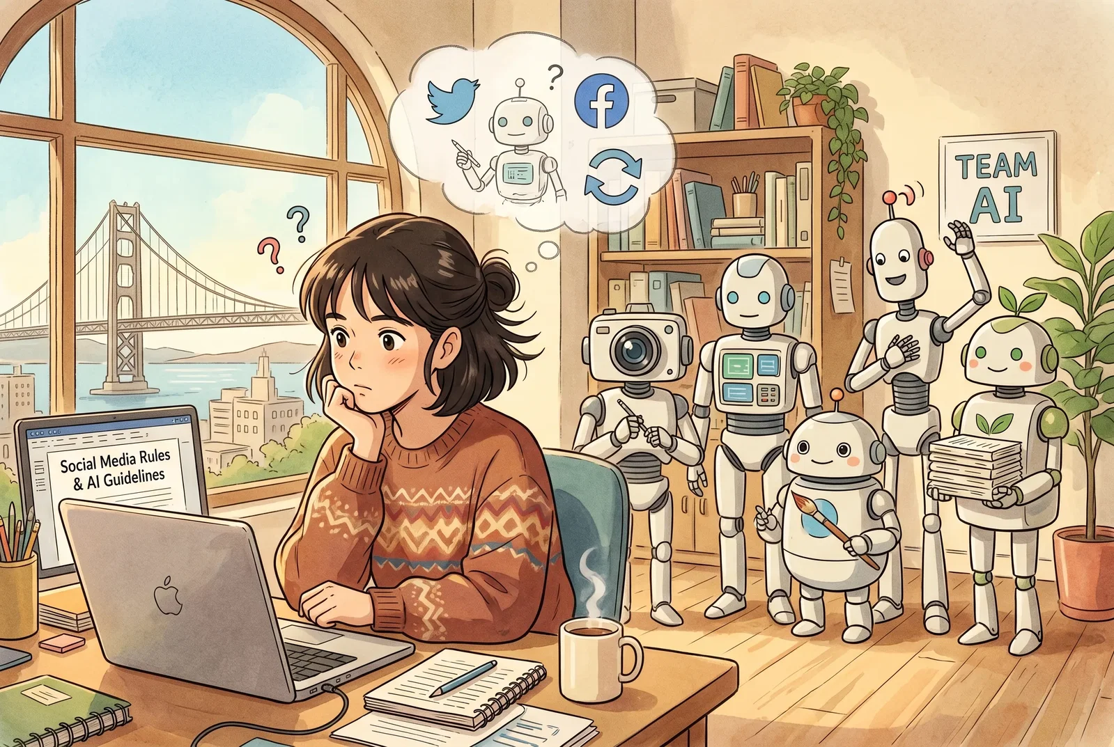 studio ghibli style. a social media manager looks at her computer in her office in SF. She in a thinking pose, with fingers on chin. Behind her are 5 AI robots ready to help her do her work. But she's thinking about the rules of social media and how best 