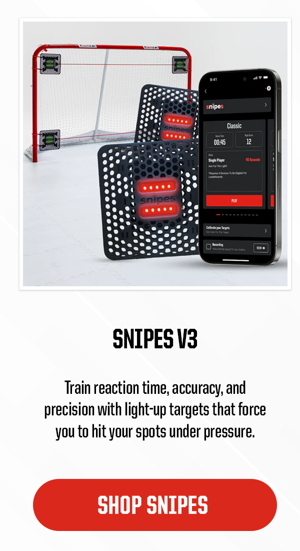 Product 2: Snipes V3. Subheader: Train reaction time, accuracy, and precision with light-up targets that force you to hit your spots under pressure. CTA: Shop Snipes 