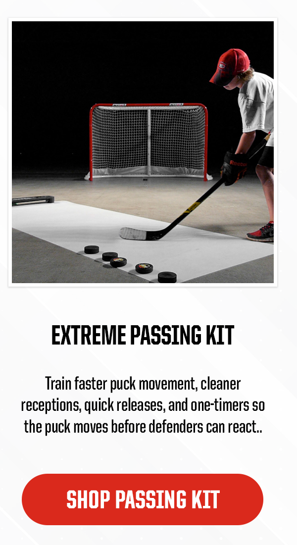 Product 3: Extreme Passing Kit. Subheader: Train faster puck movement, cleaner receptions, quick releases, and one-timers so the puck moves before defenders can react. CTA: Shop Passing Kit