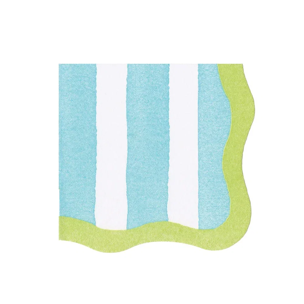 Image of Cafe Stripe Scallop Aqua/Lime Paper Linen Die Cut Napkin - 15 per package