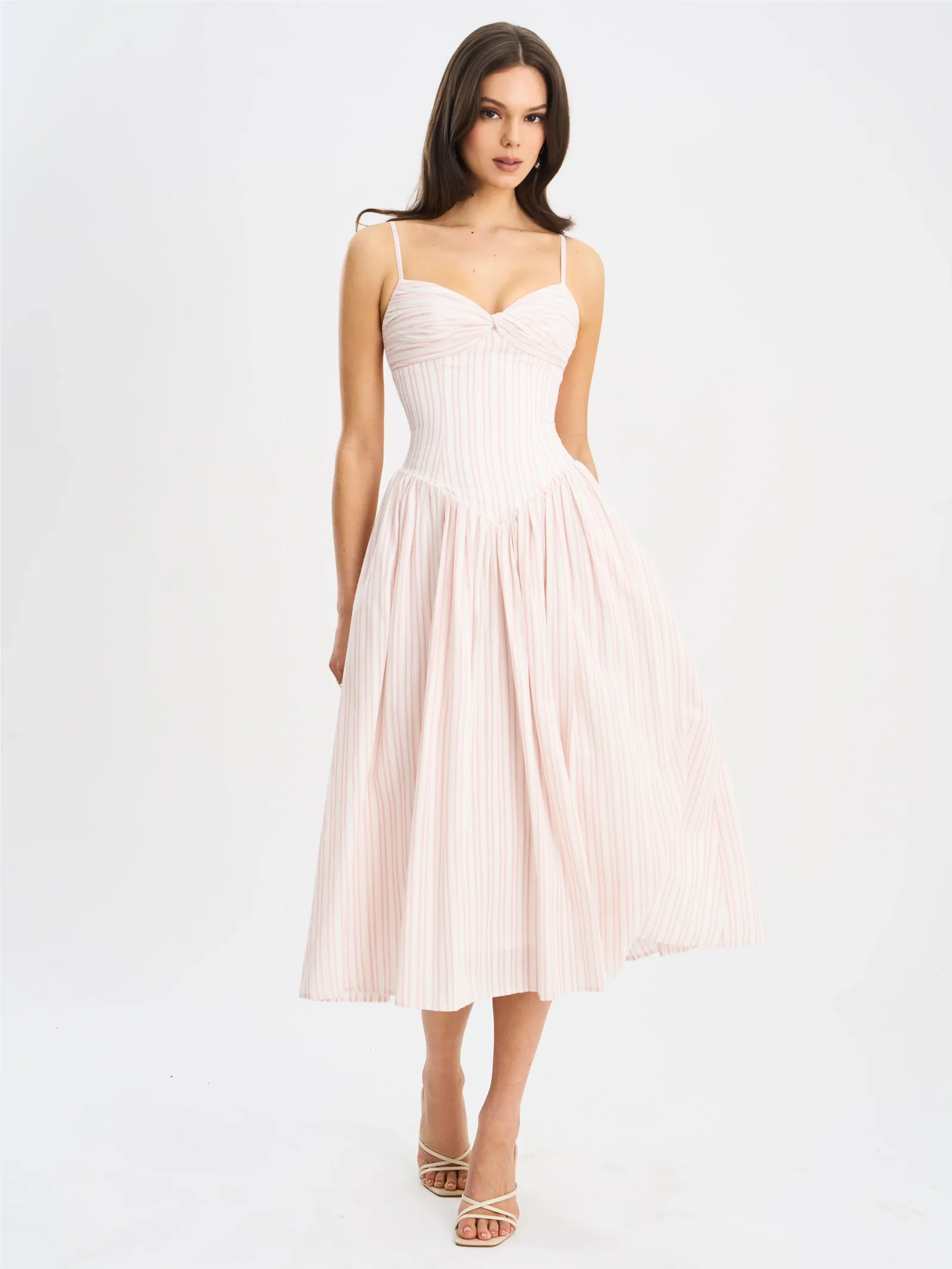 Zania Pink Stripe Cotton Jacquard Midi Dress
