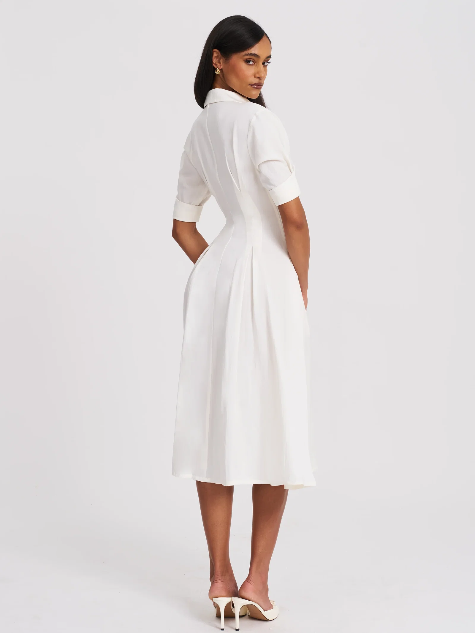 Palina White Lyocell Pleated Midi Preppy Shirt Dress