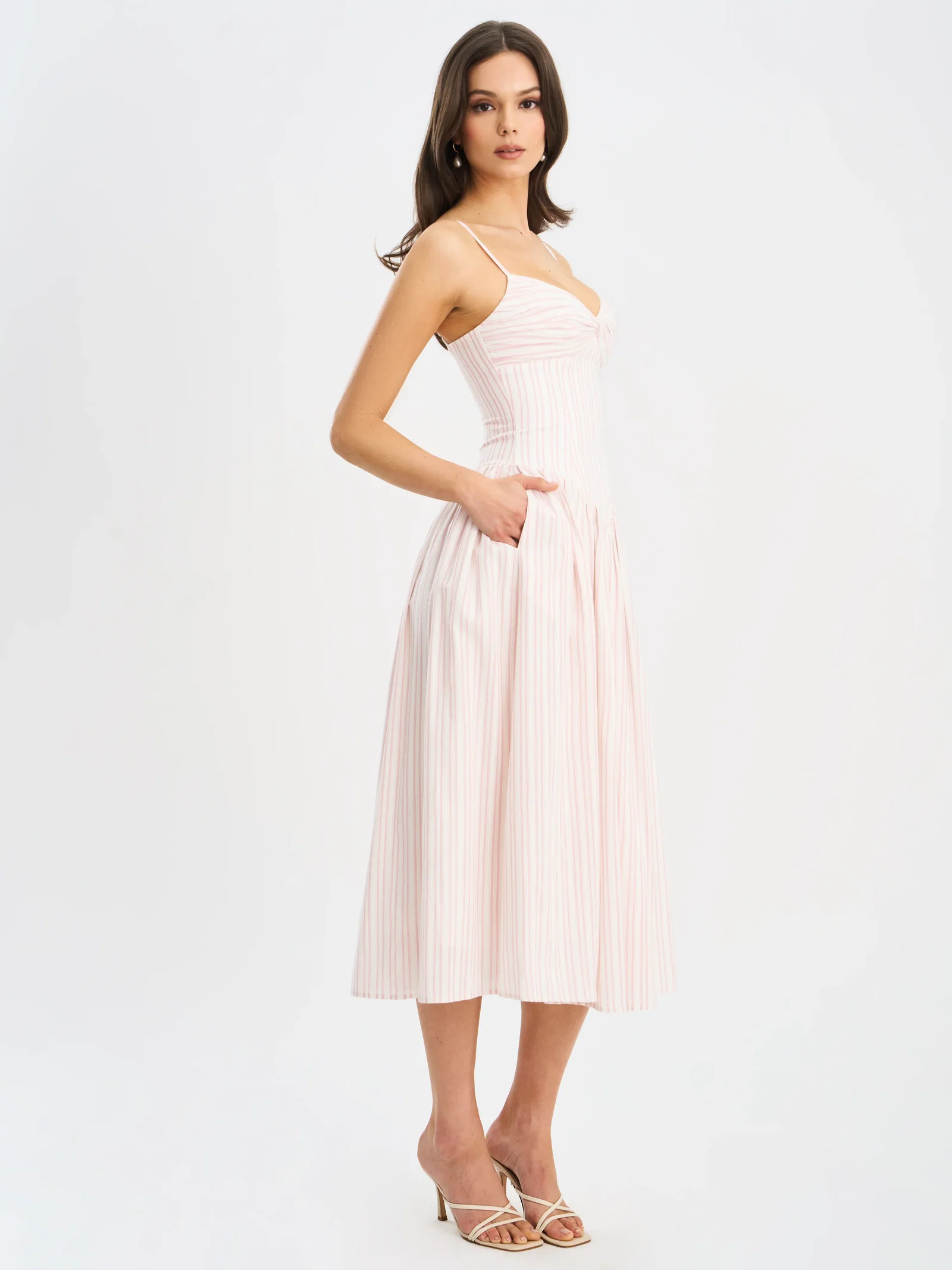 Zania Pink Stripe Cotton Jacquard Midi Dress