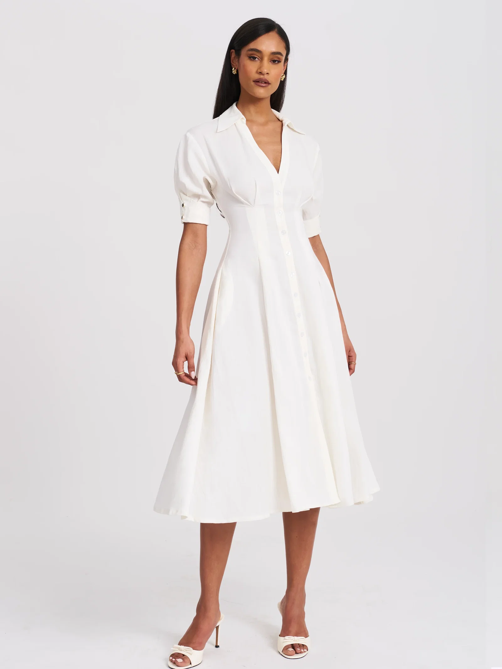Palina White Lyocell Pleated Midi Preppy Shirt Dress