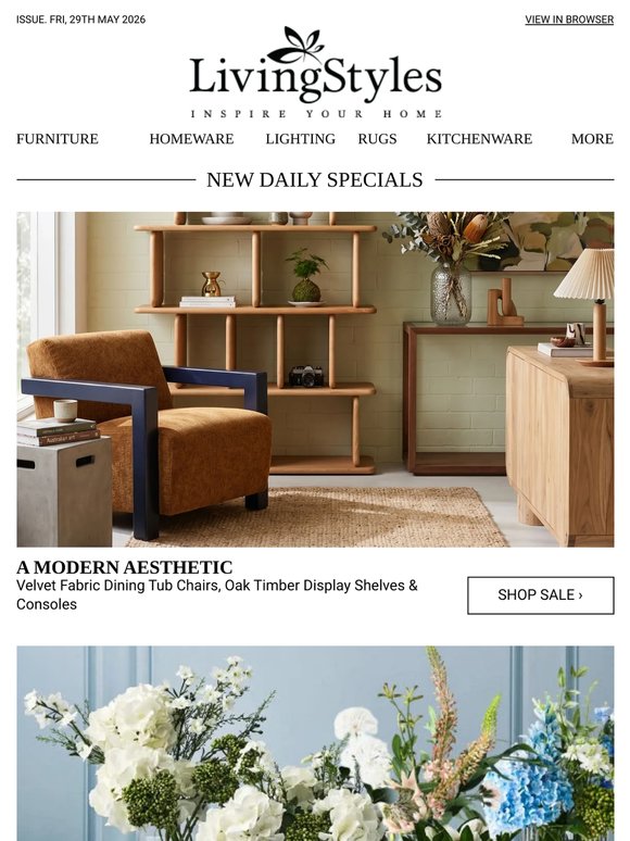 Velvet Fabric Dining Tub Chairs, Oak Timber Display Shelves & Consoles, Artificial Flowers & Plants In Glass Vases, Bowls And Ceramic Pots, Premium...