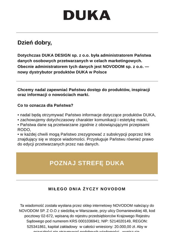 Zmiana administratora danych i kontynuacja komunikacji dotyczącej produktów DUKA.