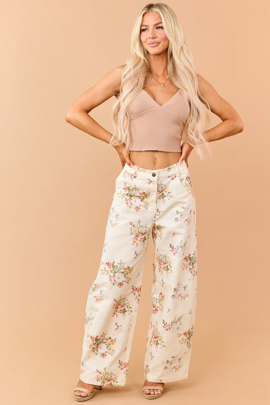 Cream Floral Print High Rise Wide Leg Jeans