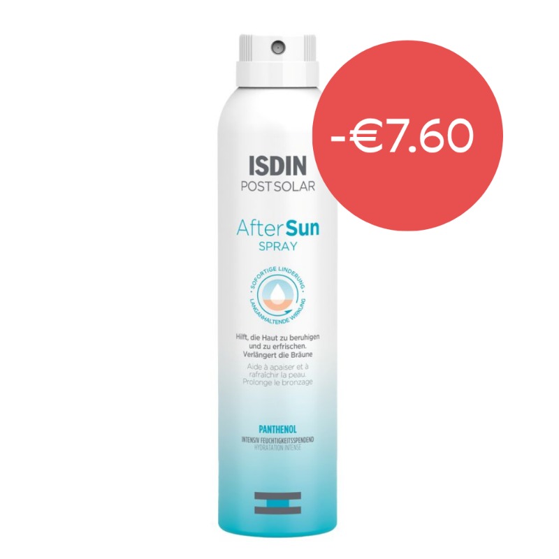 ISDIN Post Solar AfterSun spray bottle, cooling panthenol after-sun moisturiser with -€7.60 discount badge