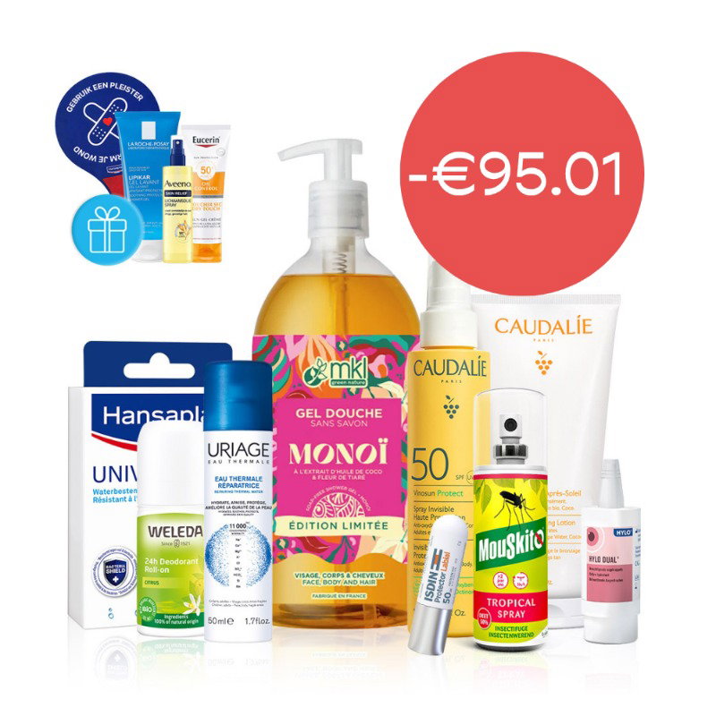 Assortment of skincare and personal care products (Caudalie, Uriage, Weleda, Hansaplast, insect spray) with red '-€95.01' discount badge