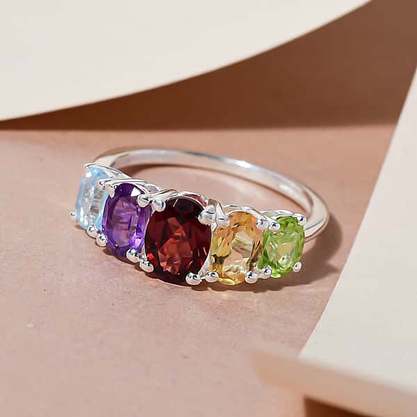 Mozambique Garnet & Amethyst and Multi Gemstone Five Stone Ring