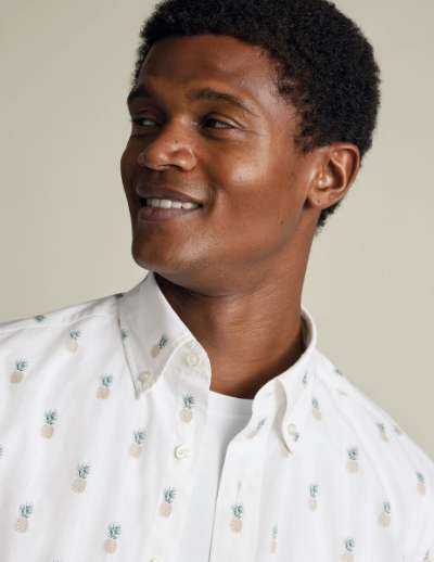 Short Sleeve Stretch Washed Poplin Print Shirt - White
