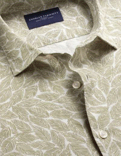 Short Sleeve Cotton Linen Leaf Print Shirt - Sage Green