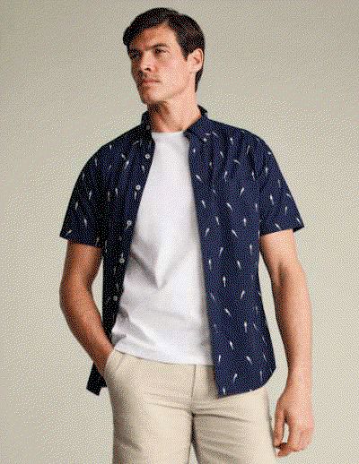 Short Sleeve Stretch Washed Poplin Print Shirt - Navy