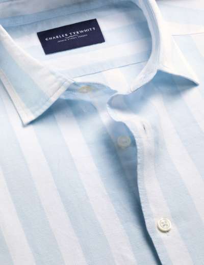 Short Sleeve Cotton Linen Stripe Shirt - Light Blue