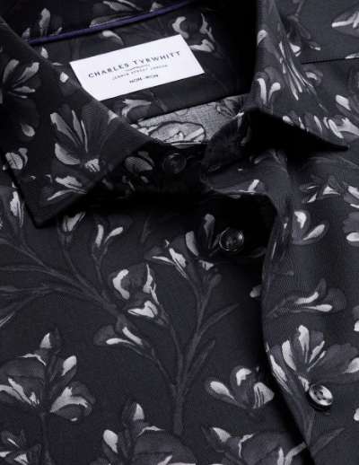 Non-Iron Stretch Floral Print Shirt – Black