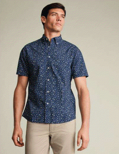 Short Sleeve Stretch Washed Poplin Floral Shirt - Mid Blue