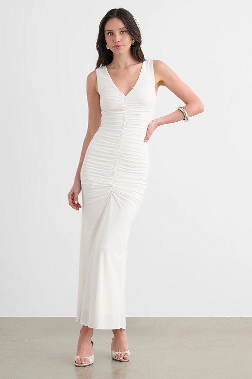Inez Sleeveless V-Neck Ruched Midi Dress