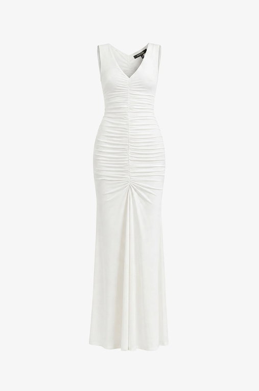 Inez Sleeveless V-Neck Ruched Midi Dress