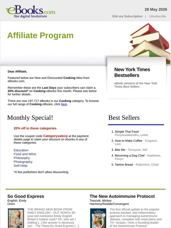 Affiliate Program : Last Days for Discounted Cooking : May Discounts, See Coupon Code...
