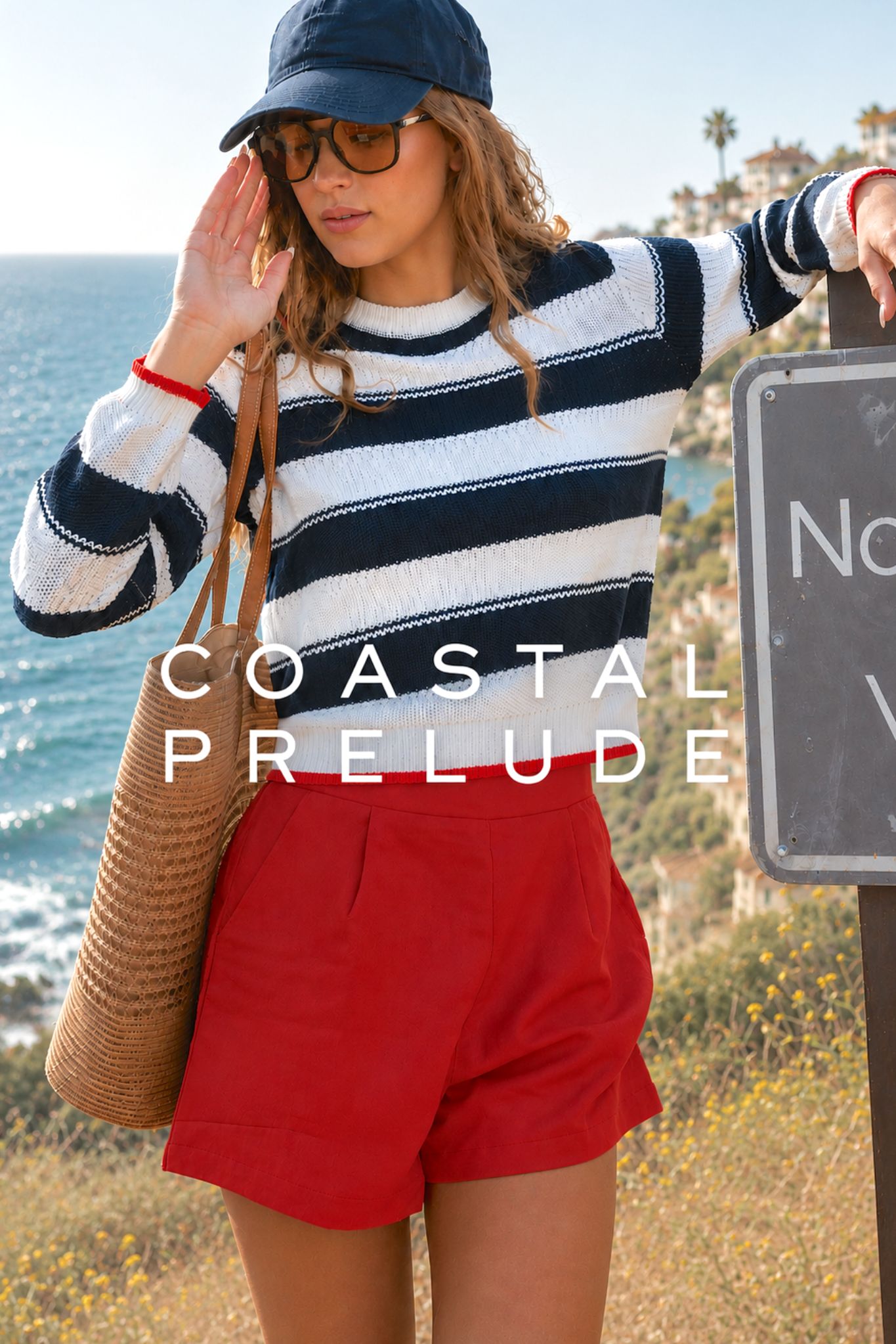 A lady wearing a cotton stripe crewneck pullover