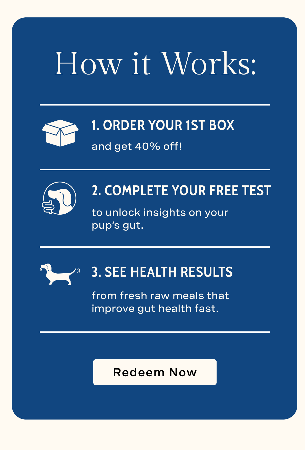 How it Works: 1. Order Your 1st Box with 40% Off; 2. Complete Your Free Test; 3. See Health REsults