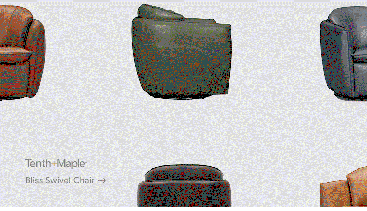 Featured Tenth and Maple Bliss Swivel Chair. Click to shop.