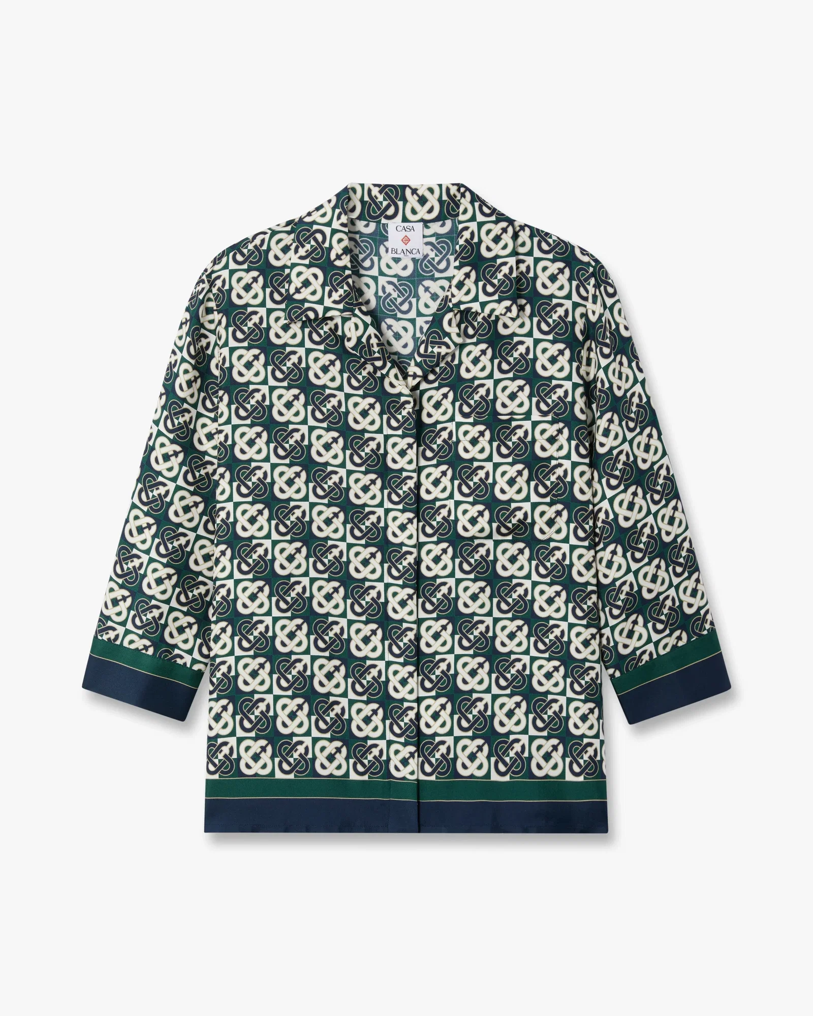 Image of Green & Navy Check Monogram Pyjama Long Sleeve Silk Shirt