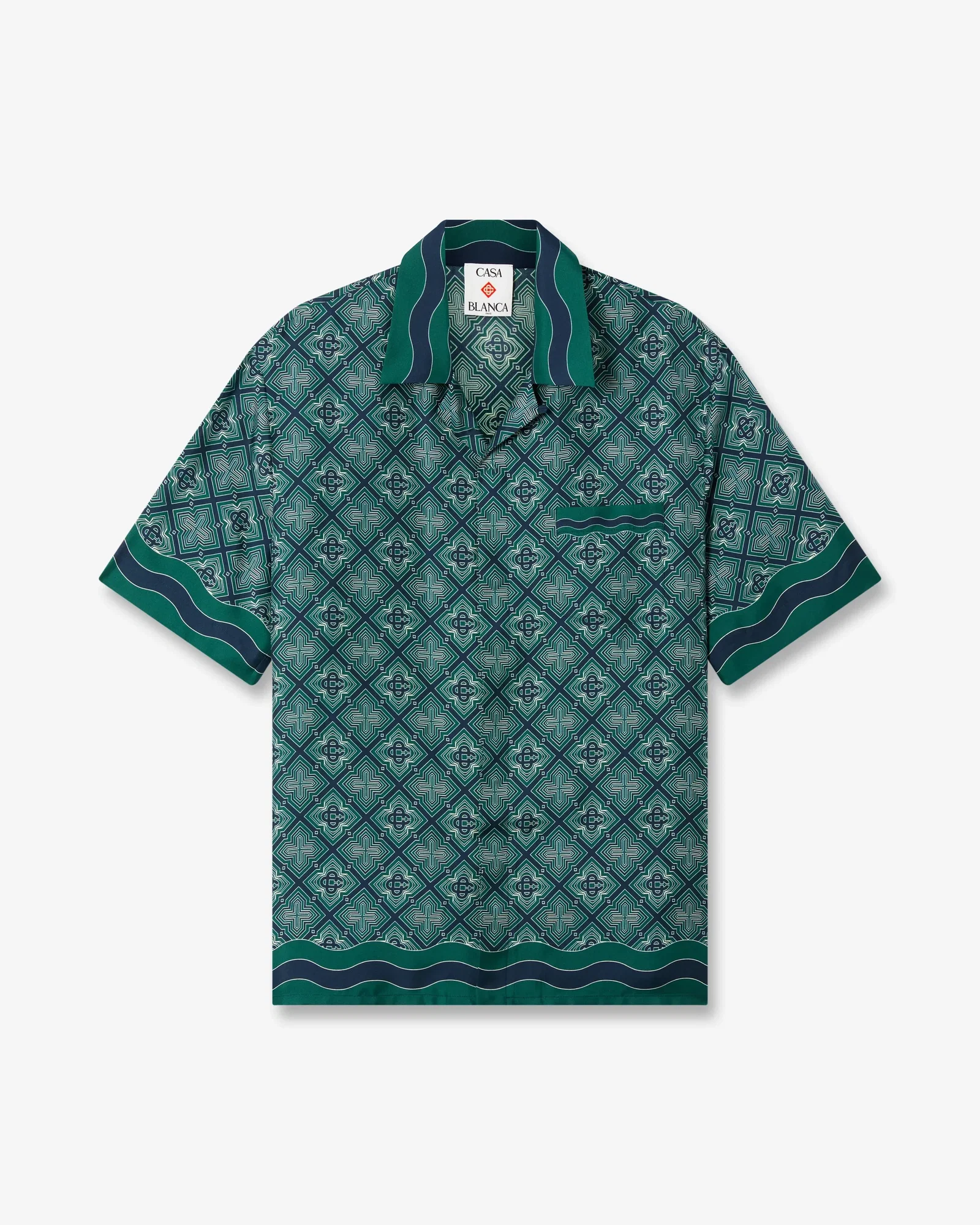 Image of Dark Green Radiating Monogram Short Sleeve Silk Shirt